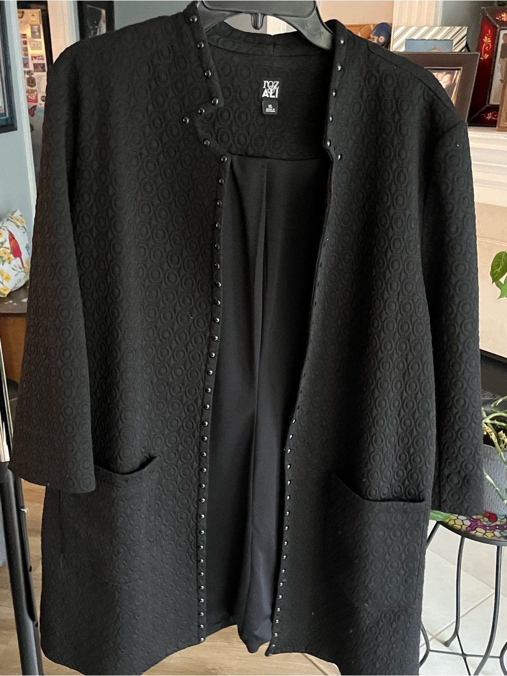 Roz & Ali Black Open-Front Embossed Jacket with Stud Trim